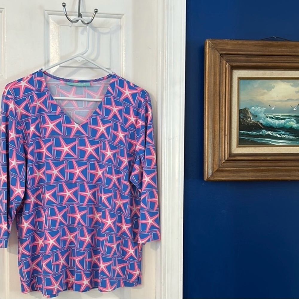 Women’s Anthony’s Resortwear Pink & Blue Starfish Nylon Blend 3/4 Sleeve Top